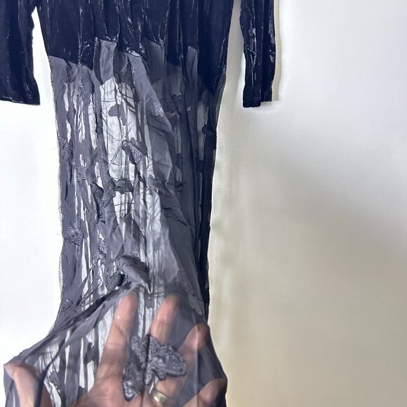 Zoe Black Lace-Up Neck 3/4 Sleeve Velvet Sheer Flowy Skirt Maxi Dress Size Large - Picture 7 of 17